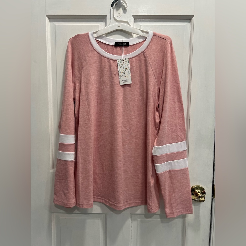 AUTOMET NWT Pink With White Sleeve Stripes Long Sleeve Crewneck Shirt SIZE SMALL